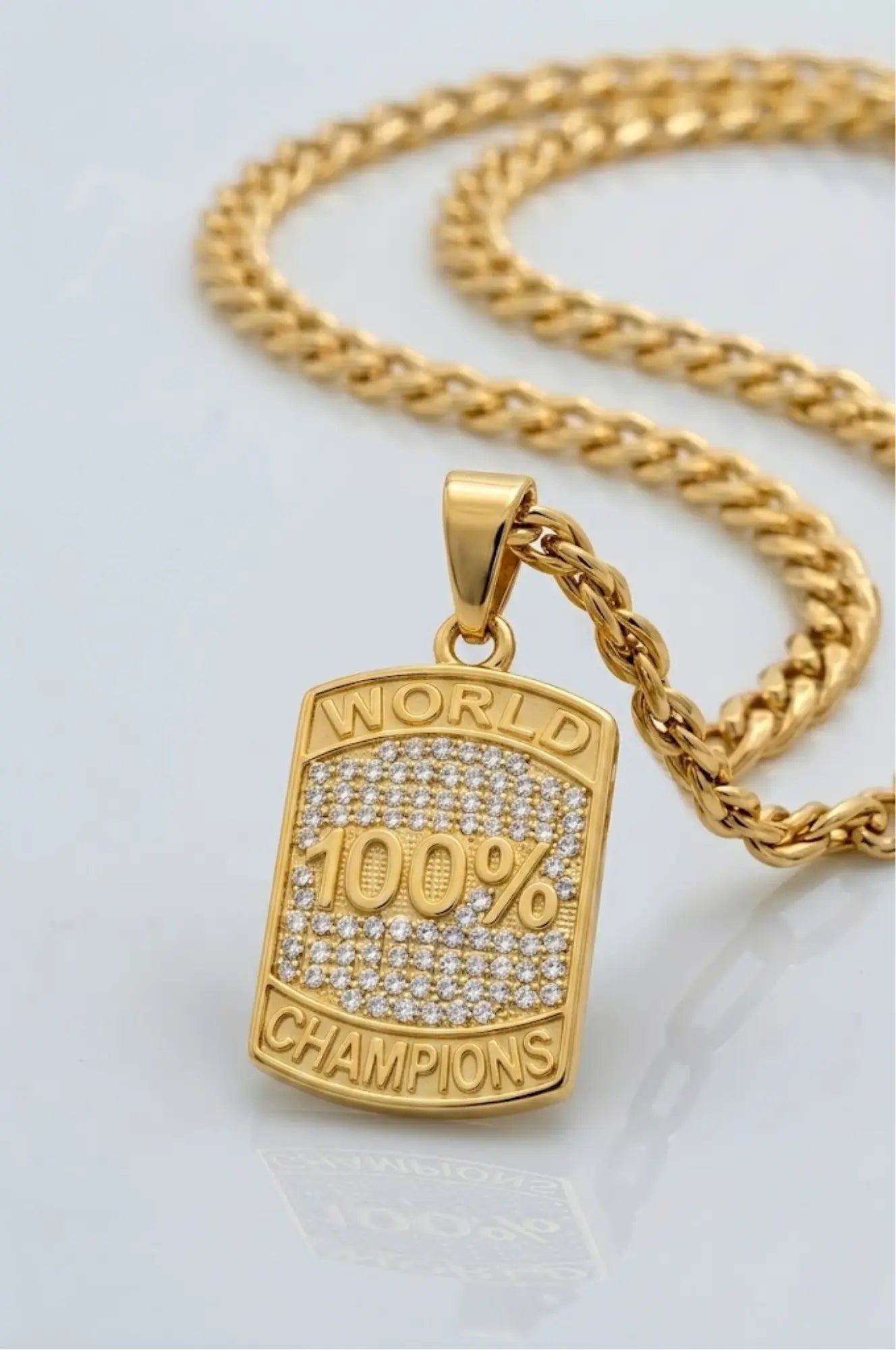 18K Gold Filled World 100% Champion Dog Tag Pendant Necklace – Iced Out Pavé CZ Curb Link Chain Necklace for Men & Women